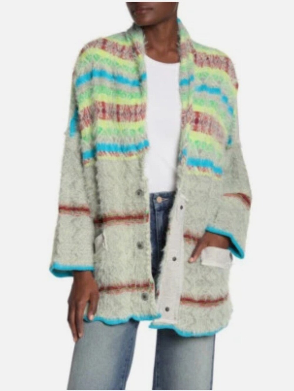 Free People Fair Weather Cardigan Mint Haze S  Boho Fuzzy  Knit Pockets FP New